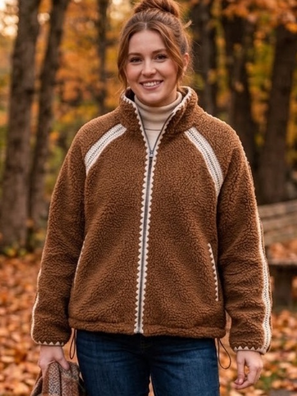 RD Style Teddy Bear Brown Sherpa Zip-Up Jacket Embroidered & Lace Trim